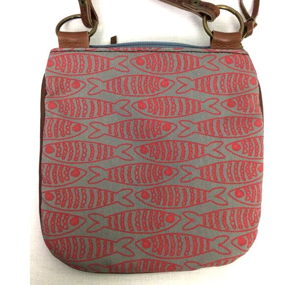 Adriana Fish Zippered Gray Red Screen Printed Fabric Crossbody - Picture 3 of 10